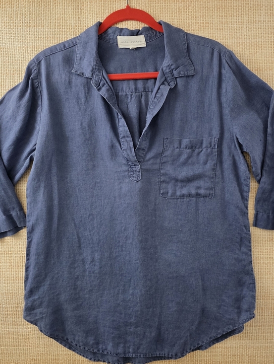 Side Stitch Tops - Side Stitch Blue Linen Popover Blouse XL Roll Tab Sleeve Lightweight Top